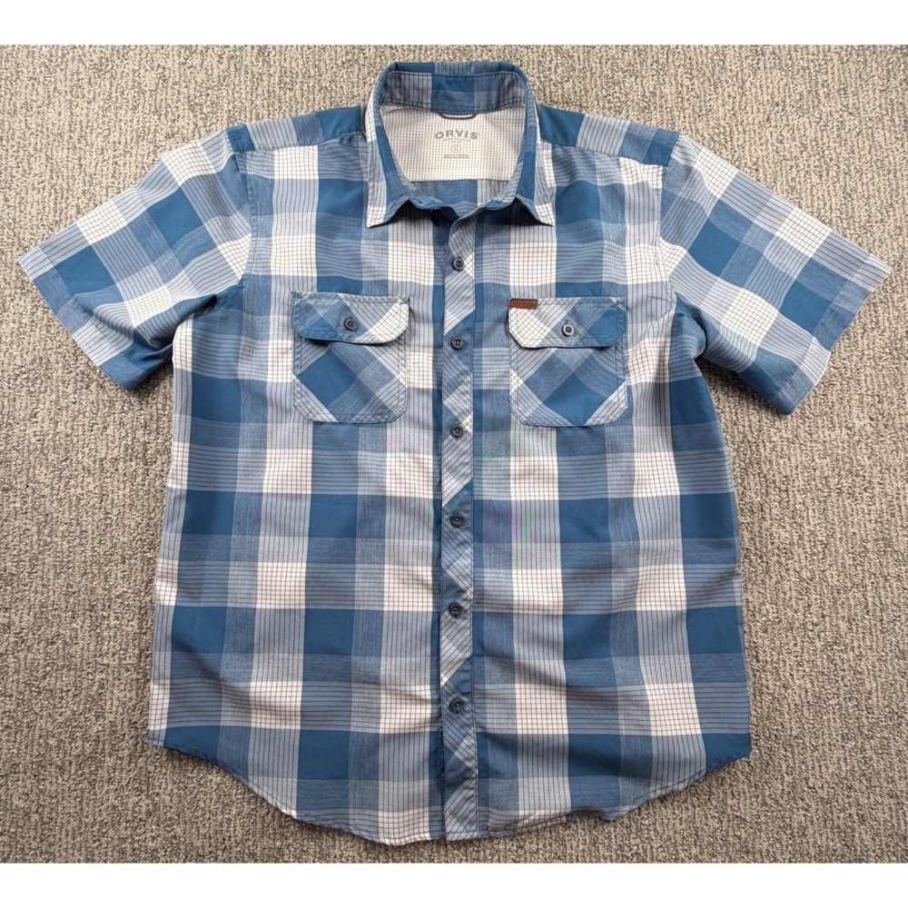 Orvis Shirt Mens Large Blue Plaid Short Sleeve Button Down Classic Collection